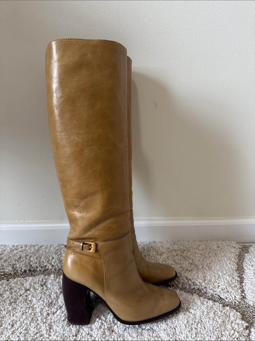 Tory Burch Tan Leather Knee-High Banana Heeled Boots with Gold Buckle